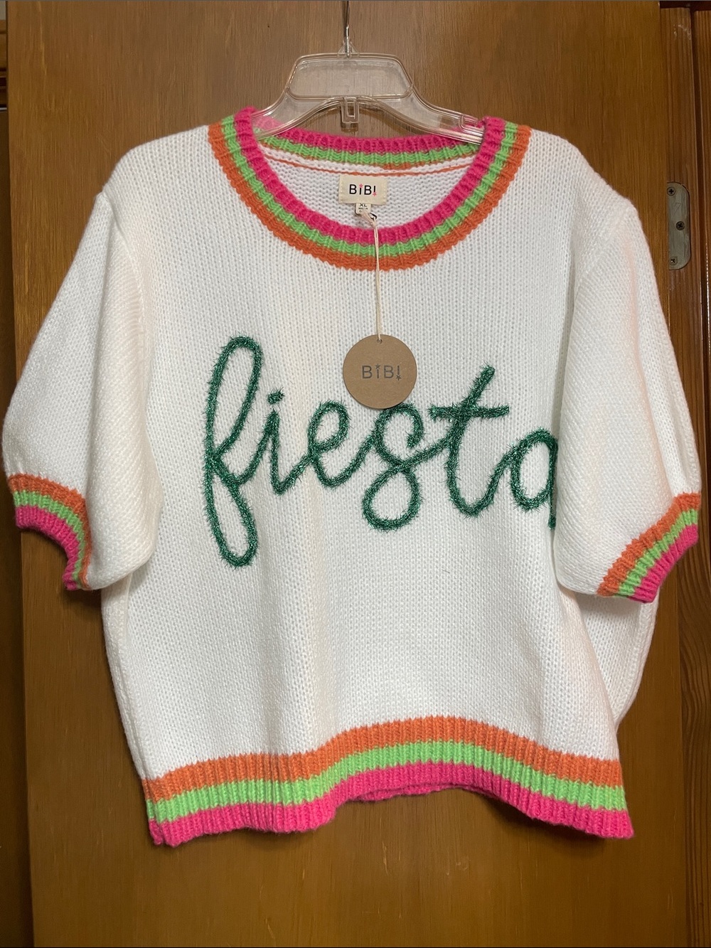 BiBi White 'Fiesta' Short-Sleeve Knit Sweater with Pink, Orange & Green Trim